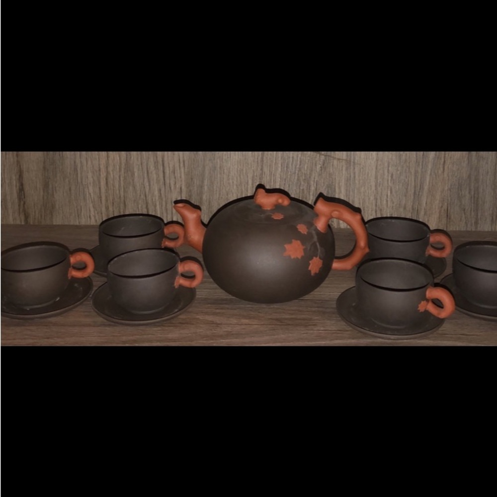 Vintage Chinese Yixing teapot clay set with tea, cups and saucers